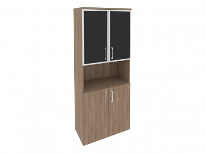 Офисная мебель ONIX O.ST-1.4R black Шкаф высокий широкий (2 низких фасада ЛДСП + 2 низких фасада стекло лакобель в раме)